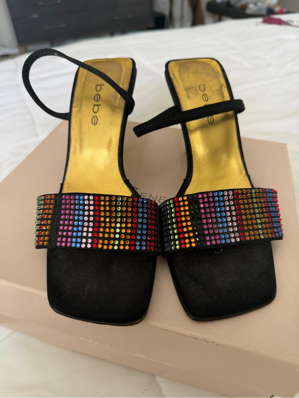 bebe Black Heeled with Multicolor Crystal Band